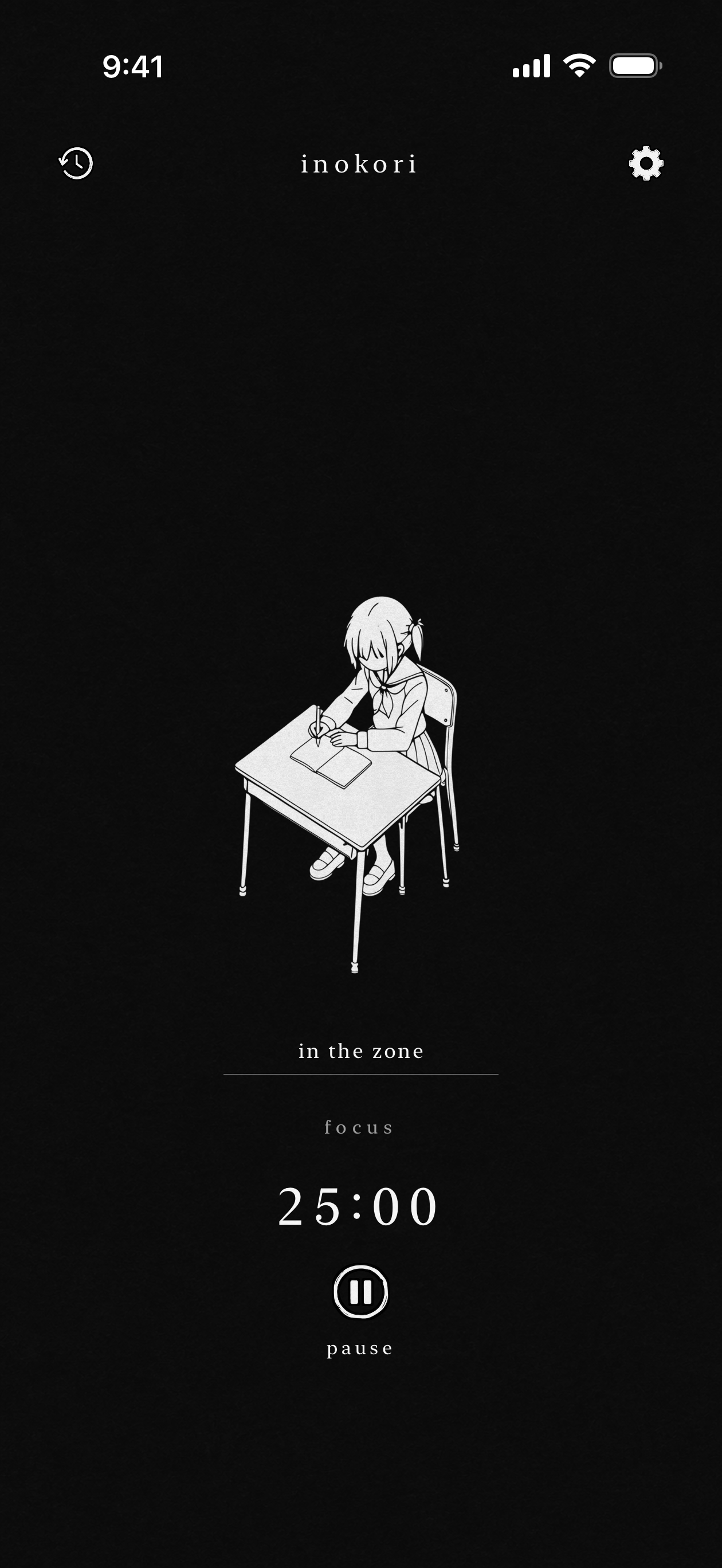 The app’s focus timer and a girl writing at a desk on a dark paper background