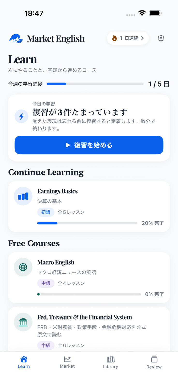 次に学ぶレッスンと学習進捗を表示したMarket EnglishのLearn画面